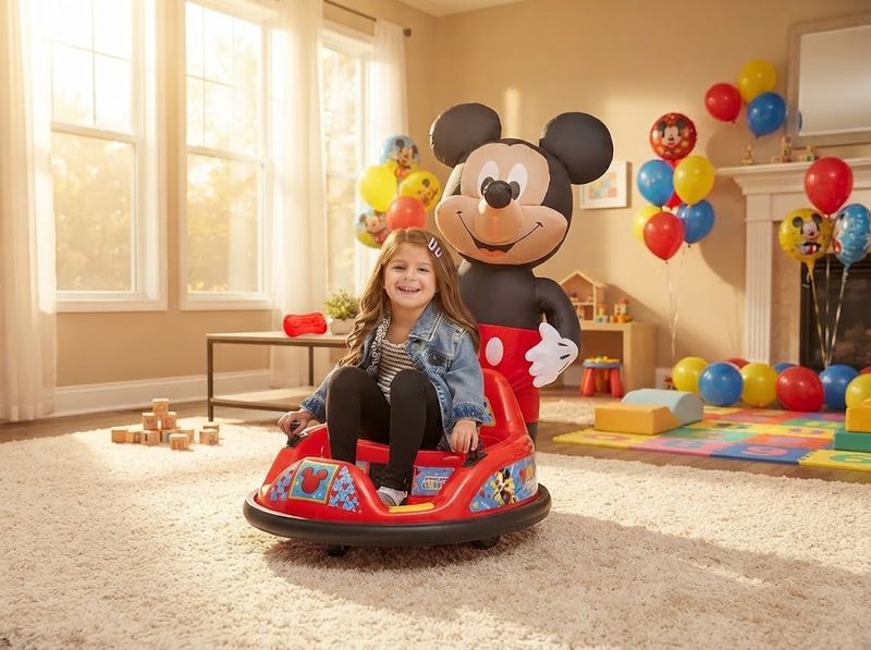 Toddler in a living room watching an inflatable Mickey Mouse character rise fr