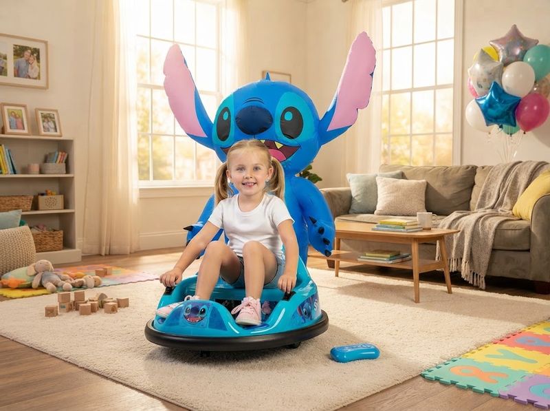 Toddler bumper car with inflated bumper gently touching a kitchen cabinet door