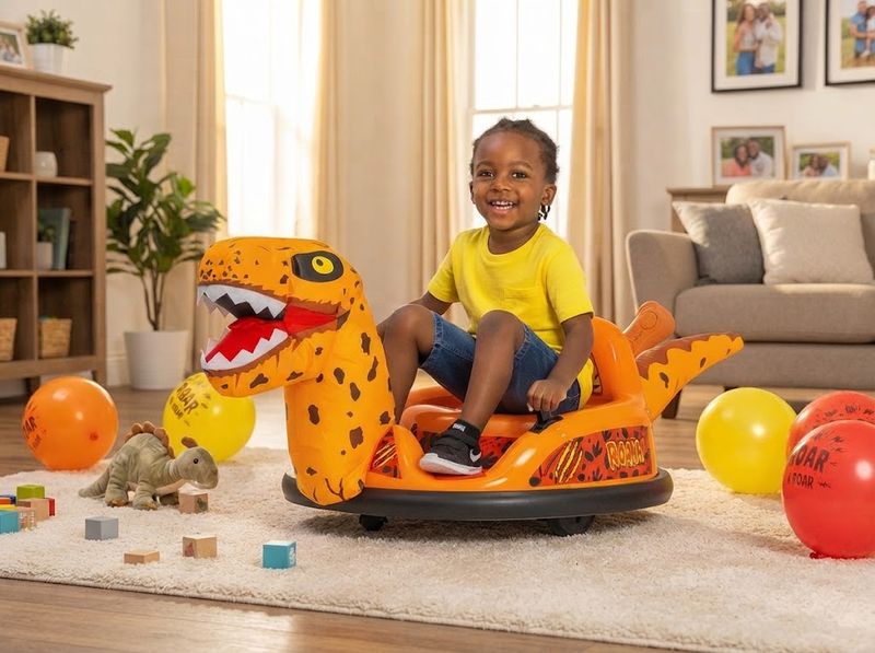 Adult walking beside a toddler driving a bumper car slowly across a backyard p