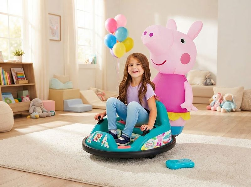 Close view of small hands on two joysticks of a toddler bumper car mid-spin on