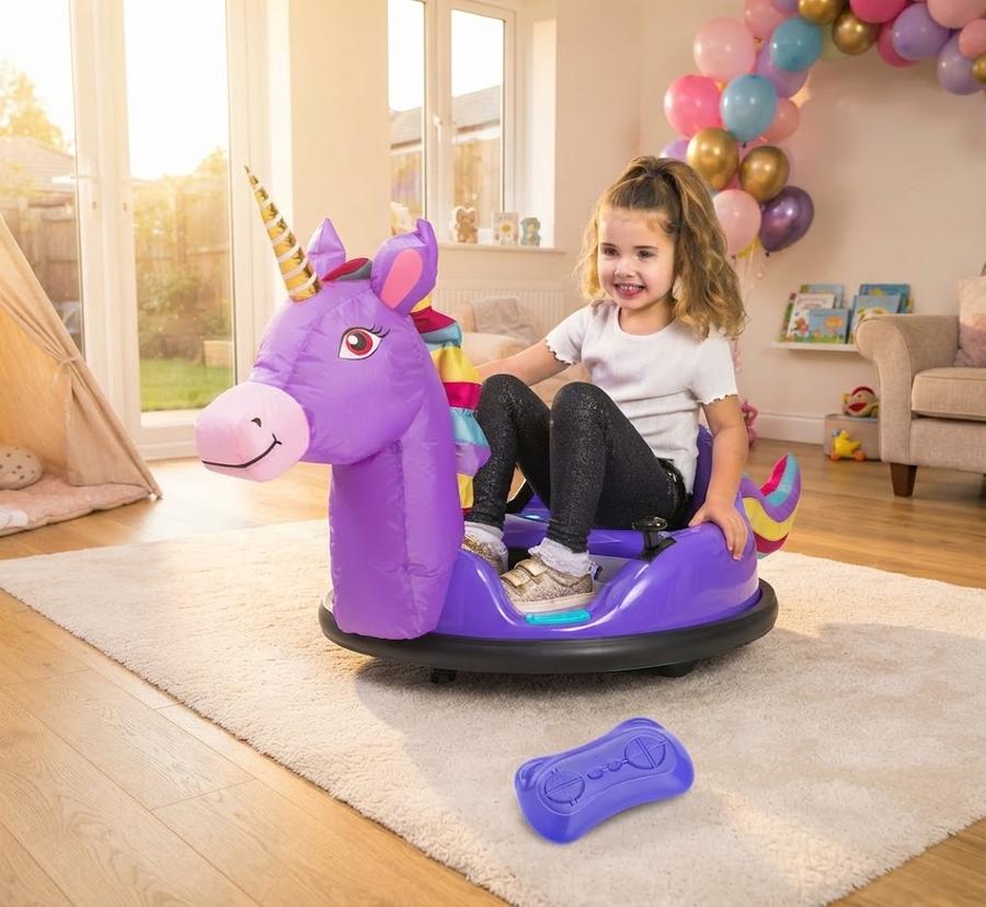 ImaginAir Unicorn Inflatable Bumper Car in a family living space