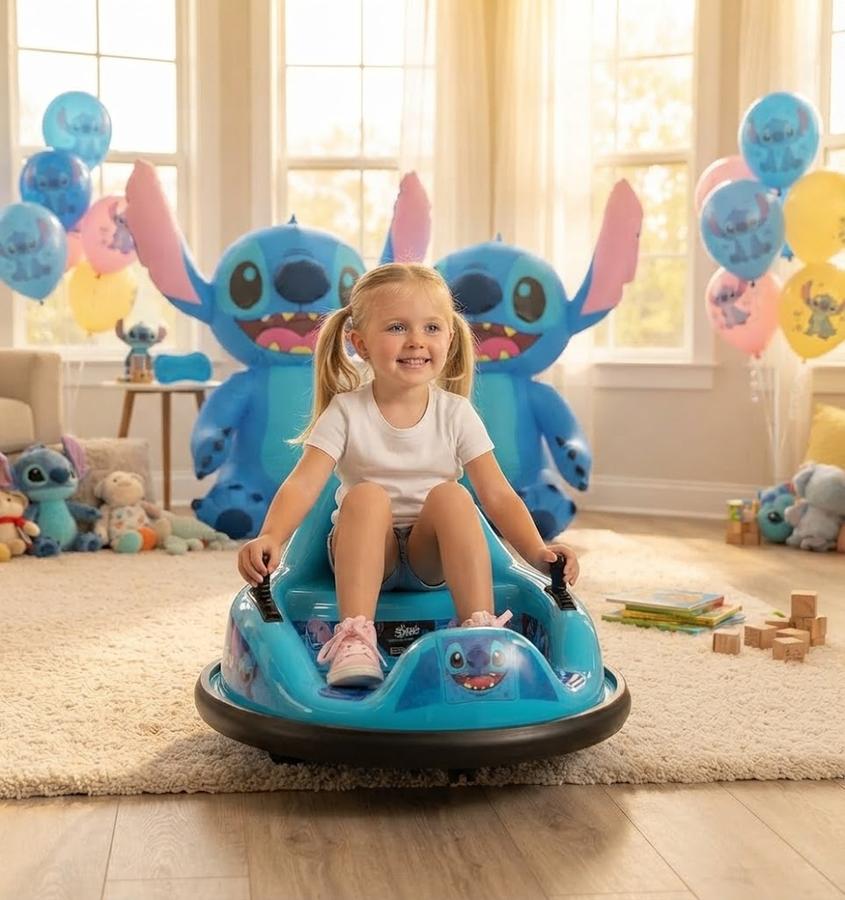 ImaginAir Stitch Inflatable Bumper Car in a family living space