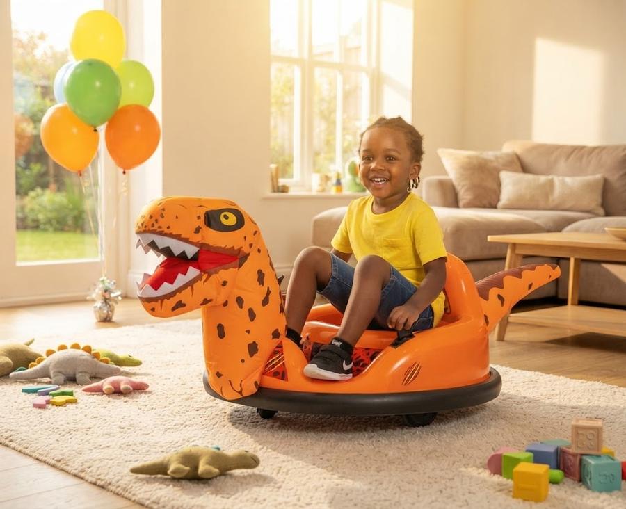ImaginAir Raptor Dinosaur Inflatable Bumper Car in a family living space